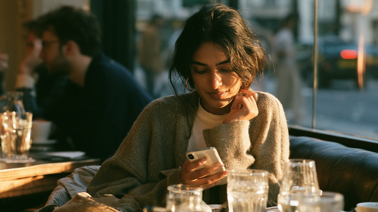 A young Indian woman typing a question into an AI chat assistant on her phone in a cafe