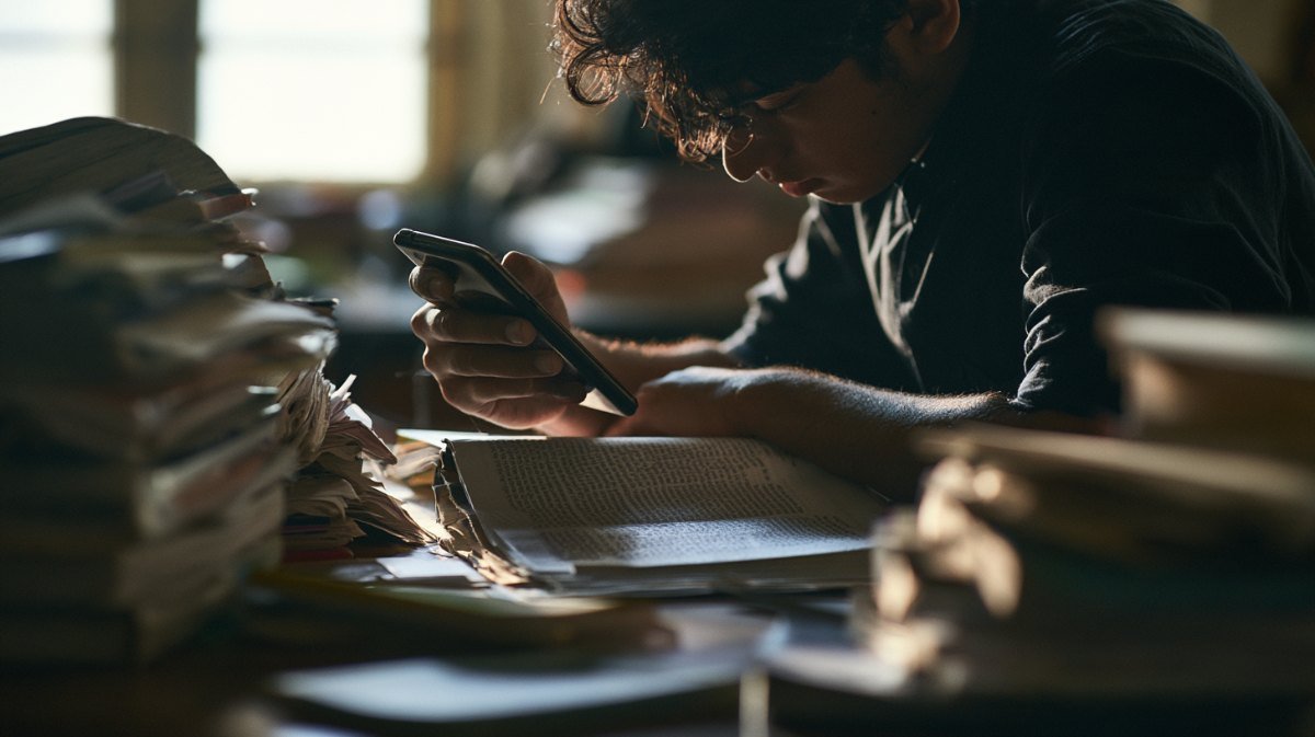 Student holding a smartphone camera over a printed page of text on a study desk
