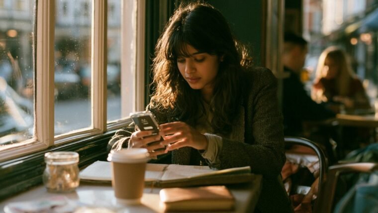 Woman at a cafe table looking at a storage full warning on her phone