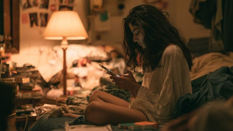 Teenager sitting on a bed scrolling through phone settings