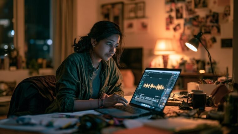 An Indian woman editing a video timeline on a laptop at a home desk at night