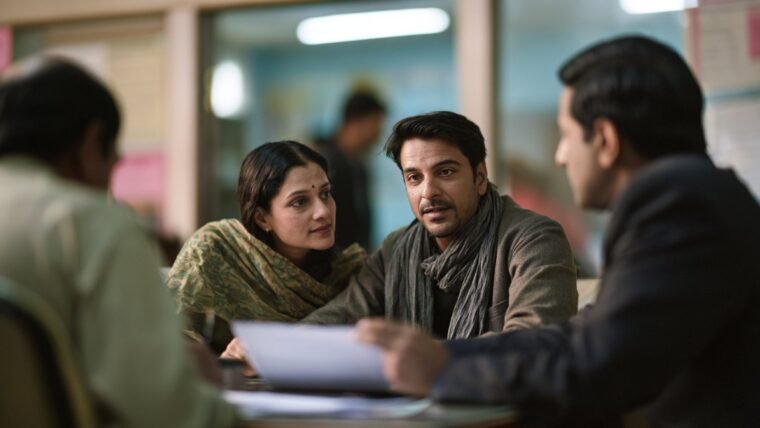 Couple seated across a desk from a bank officer reviewing loan documents