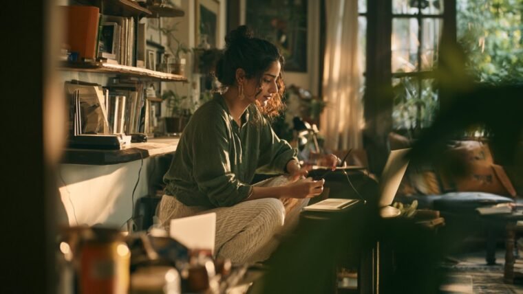 Woman adjusting the antenna of a Wi-Fi router on a shelf in a living room