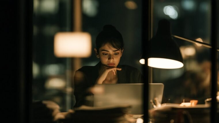 Woman working late at a laptop in a quiet office lit by a desk lamp
