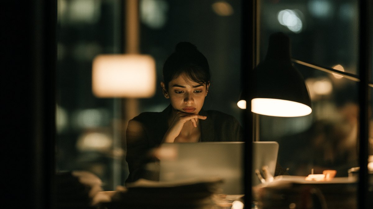 Woman working late at a laptop in a quiet office lit by a desk lamp