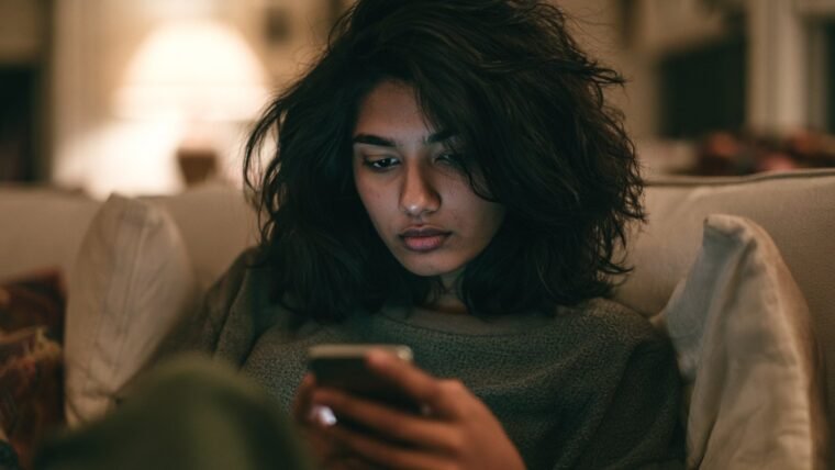 Woman on a sofa looking closely at a smartphone chat screen with a puzzled expression