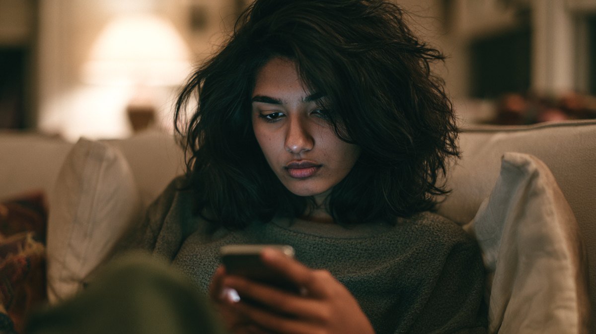 Woman on a sofa looking closely at a smartphone chat screen with a puzzled expression