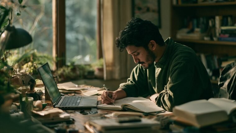 An Indian man drafting prompts in a notebook beside an open laptop at a cluttered desk