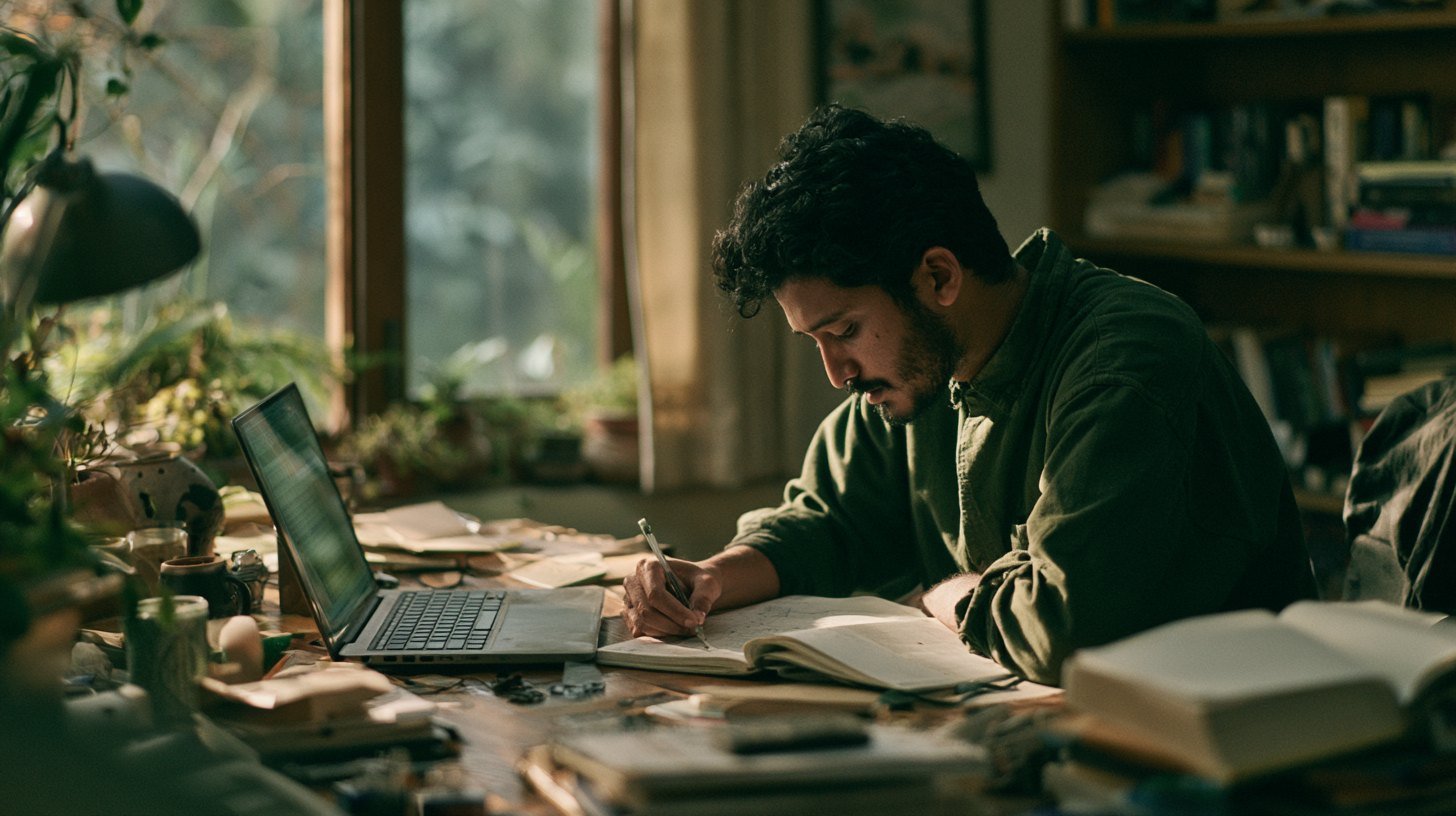 An Indian man drafting prompts in a notebook beside an open laptop at a cluttered desk