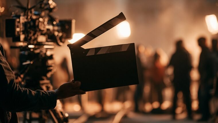 Film clapperboard on an Indian movie set with cinema camera and crew silhouettes behind