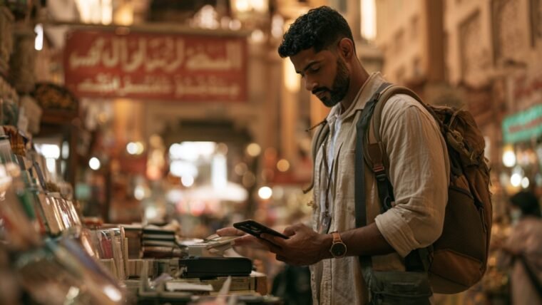 Indian traveler paying by phone QR scan at a Dubai souk shop counter