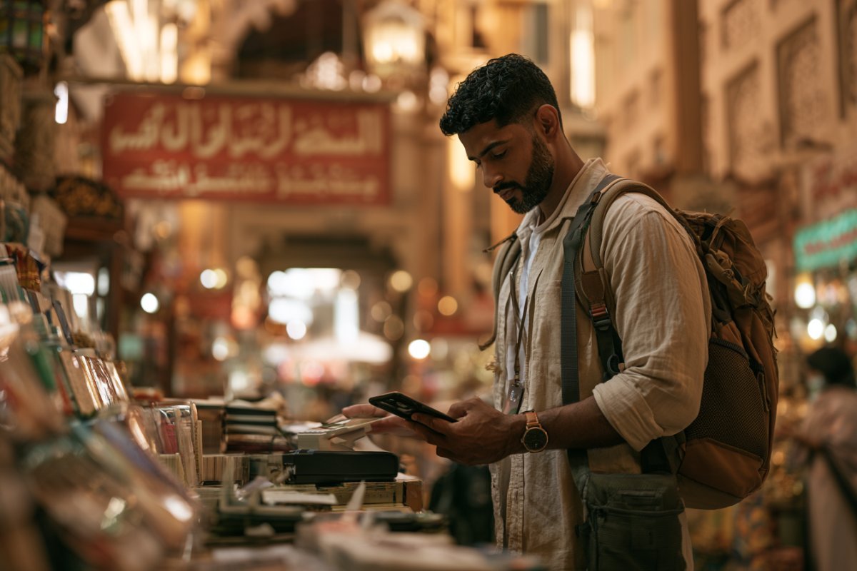 Indian traveler paying by phone QR scan at a Dubai souk shop counter