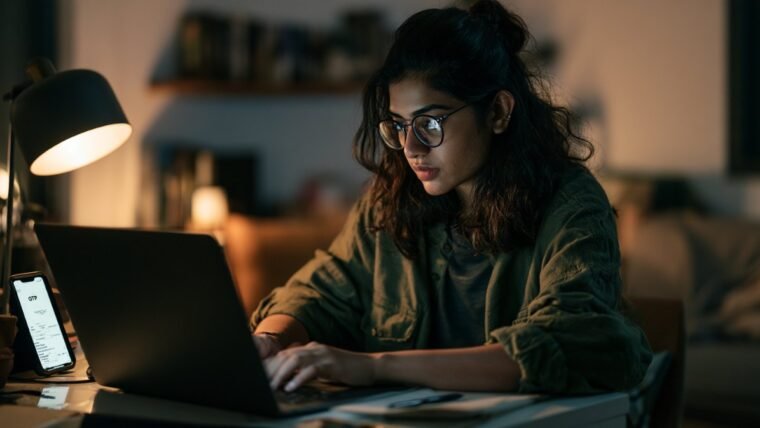 Woman applying for an instant e-PAN on a laptop with an OTP on her phone