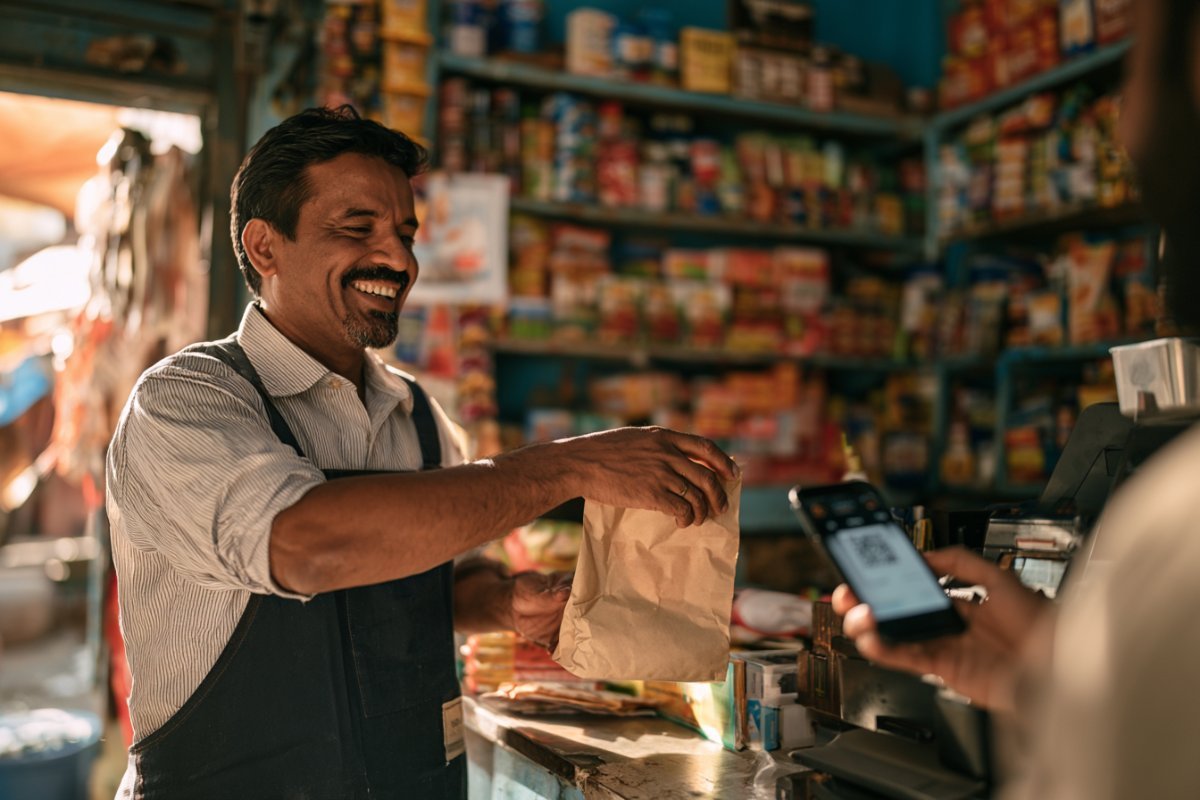 Indian kirana shopkeeper handing groceries to customer paying via QR code with phone