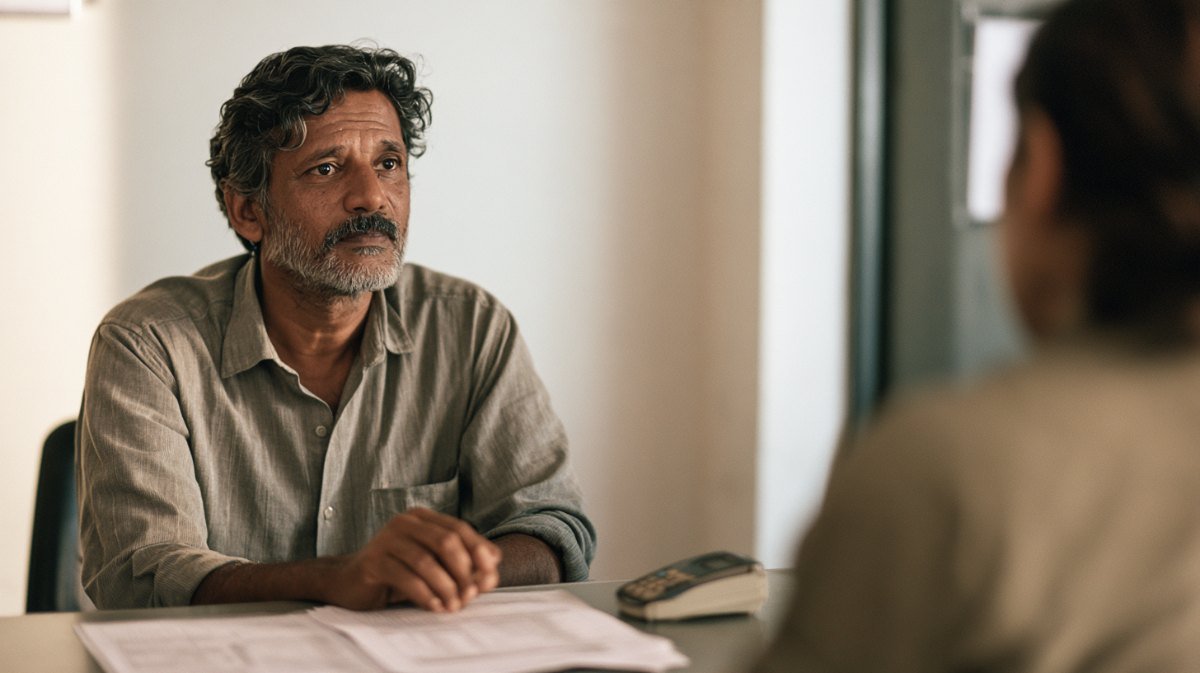 Man at a service counter opposite a staff member with forms on the desk