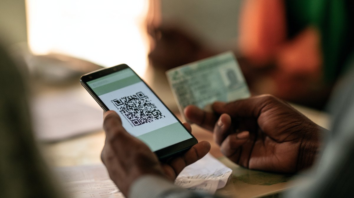 Hands holding a smartphone showing a QR code beside an identity card