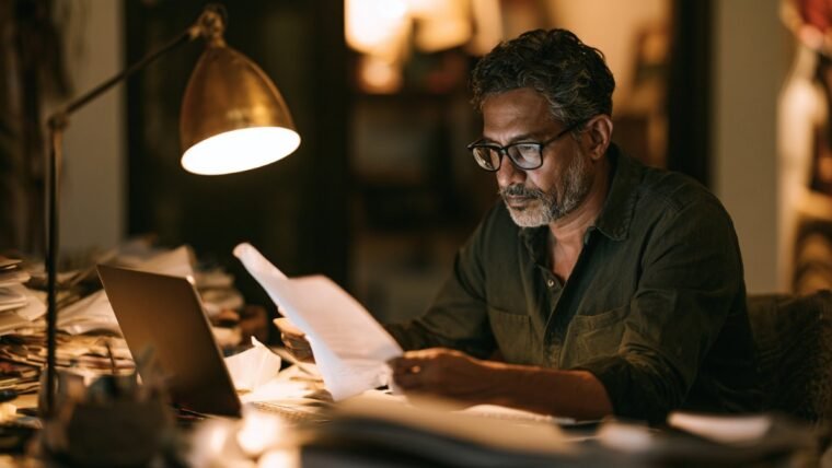 Man comparing a document against a laptop screen at a desk