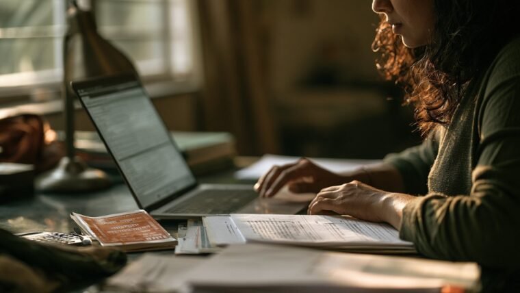 Woman at a home desk filling an online claim form with documents beside her