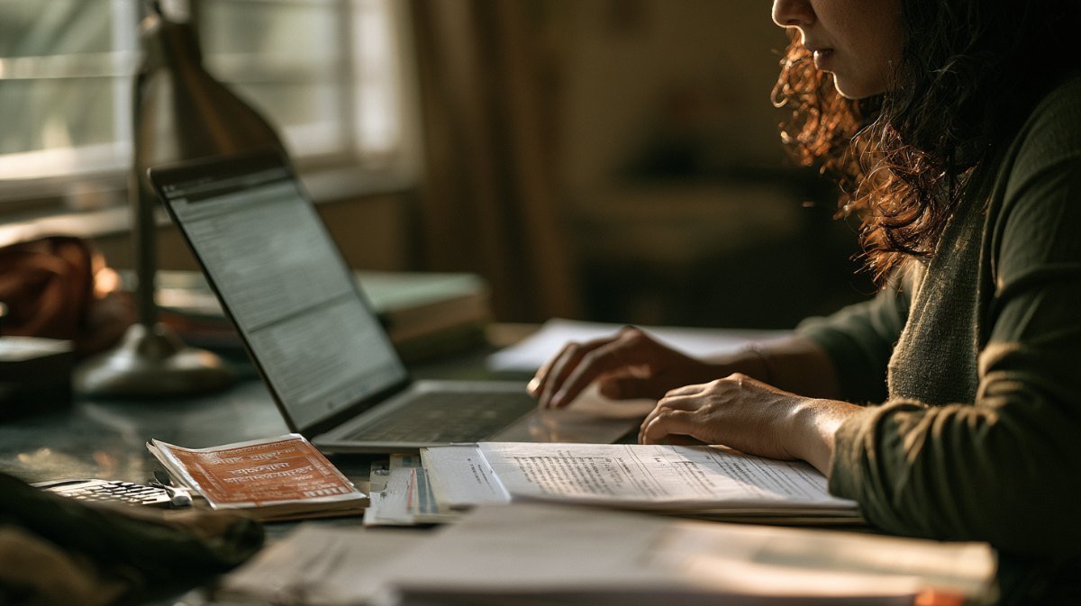 Woman at a home desk filling an online claim form with documents beside her