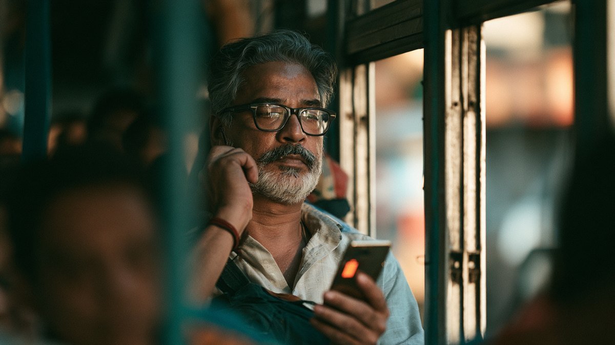 Commuter on a bus looking at a smartphone with a low battery