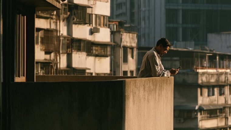 Man on an apartment balcony looking at a smartphone in harsh afternoon sunlight