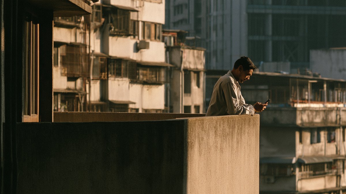 Man on an apartment balcony looking at a smartphone in harsh afternoon sunlight