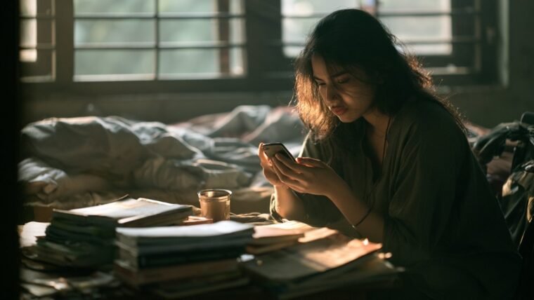 Student checking a smartphone at a cluttered study desk with books and a cup of chai