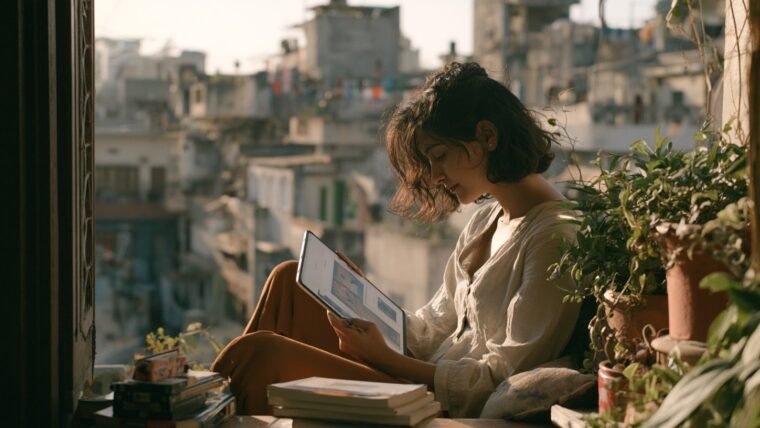 An Indian woman reviewing a cloud photo gallery on a tablet on a balcony in morning light
