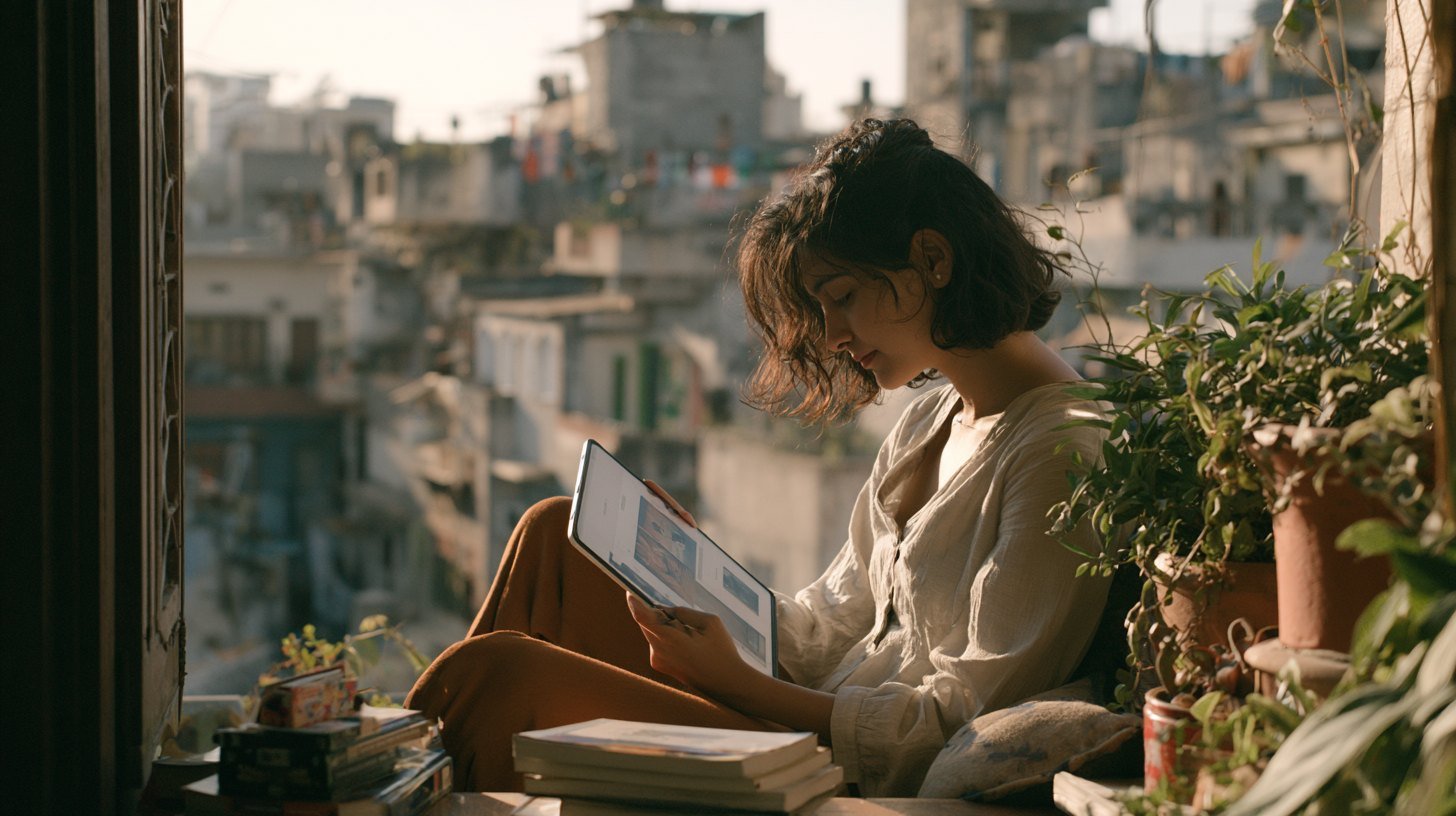 An Indian woman reviewing a cloud photo gallery on a tablet on a balcony in morning light