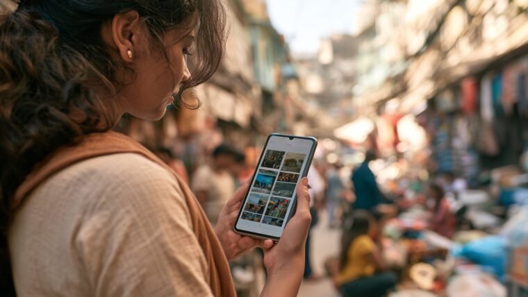 A young Indian woman checking a phone photo album while standing in a street market