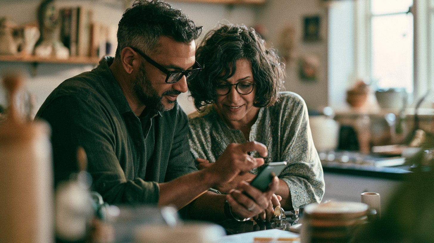 An Indian man and woman troubleshooting a smartphone together at a kitchen counter in morning light