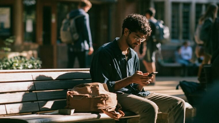 An Indian student checking the phone gallery on a college campus bench in afternoon sun