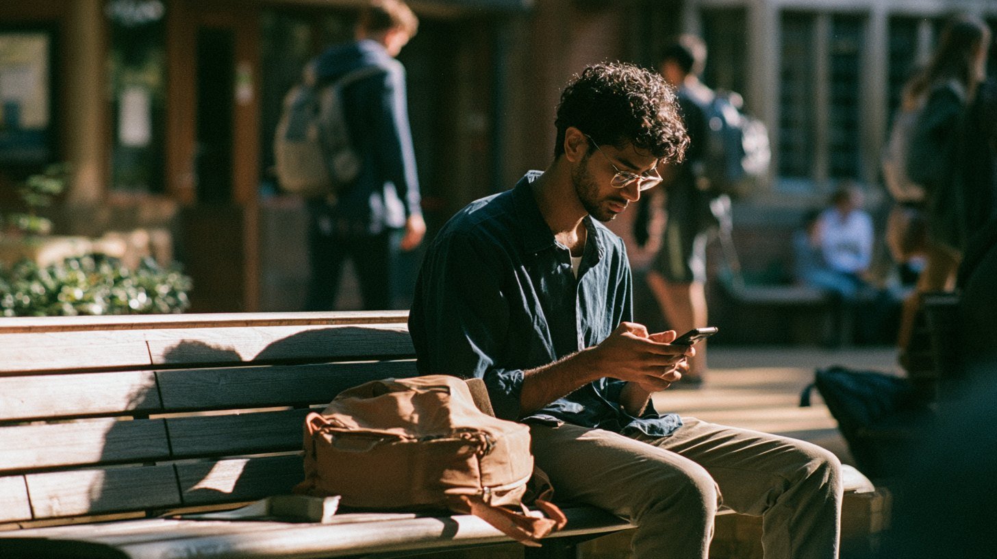 An Indian student checking the phone gallery on a college campus bench in afternoon sun