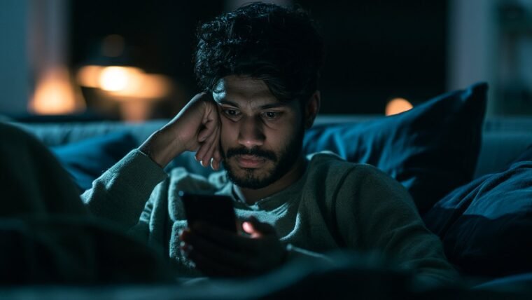 An Indian man inspecting a smartphone screen closely in a dim room after losing videos