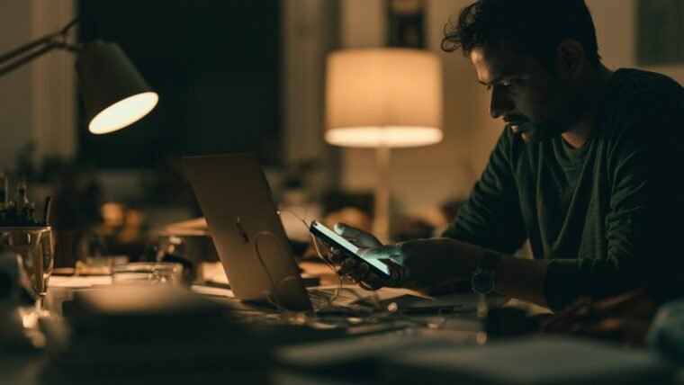 An Indian man connecting a smartphone to a laptop with a cable to attempt video recovery