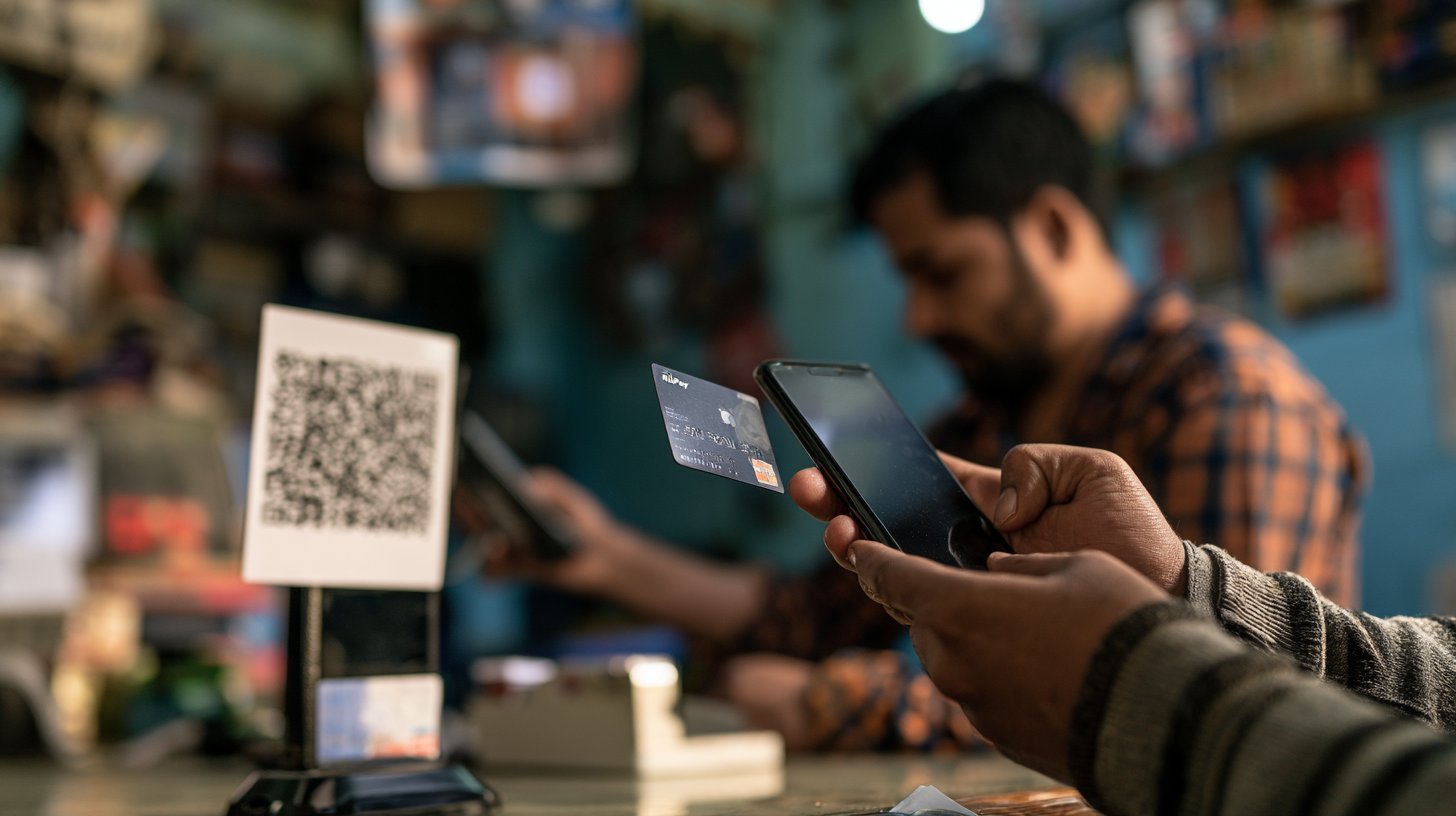 Customer holding RuPay credit card and smartphone while paying at a shop counter QR stand