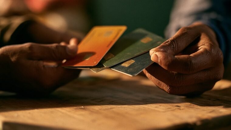 Hands holding three payment cards fanned out above a table