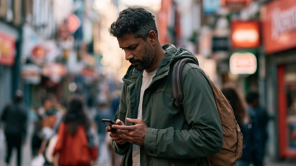 Man on an Indian city street checking his smartphone