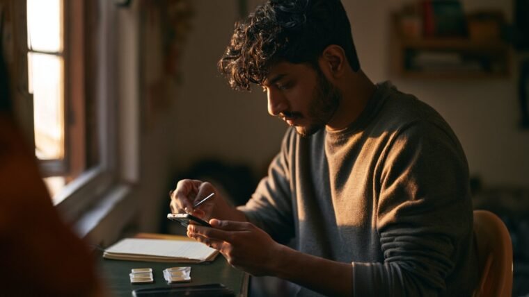 Man at a desk checking his smartphone with SIM cards and a SIM ejector tool beside him