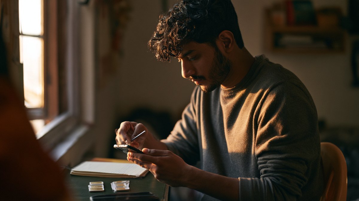 Man at a desk checking his smartphone with SIM cards and a SIM ejector tool beside him