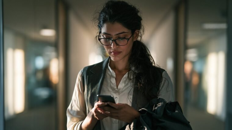 Woman in an office corridor looking at a phone showing no network signal