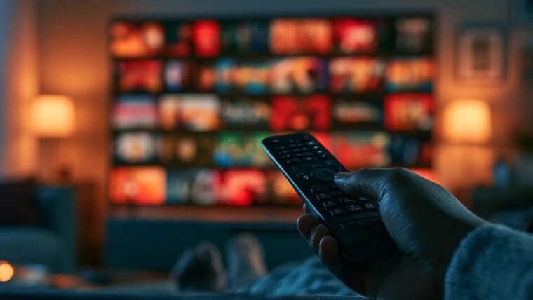 Hand pointing a TV remote at a smart TV showing streaming app tiles in a cozy living room