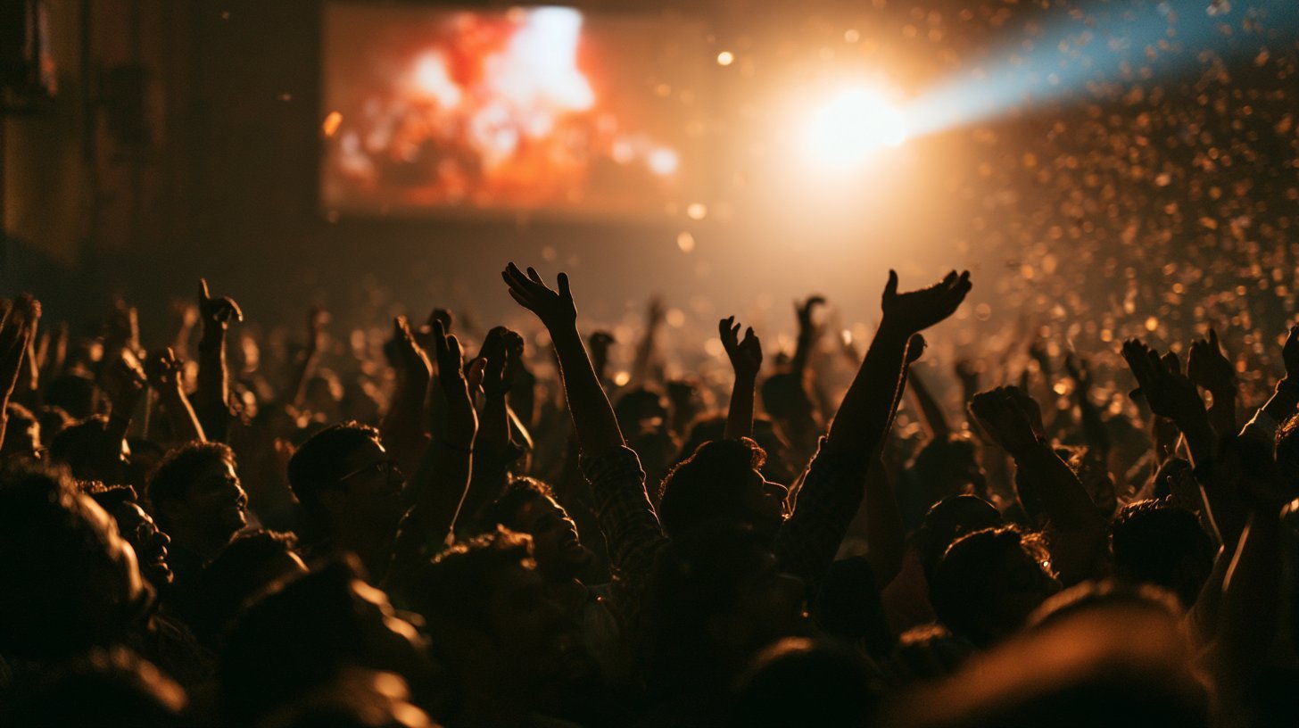 Packed Indian cinema hall cheering with confetti during a blockbuster first day first show