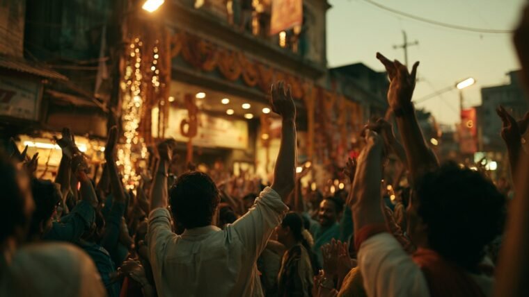 Festive crowd celebrating outside a single-screen cinema decorated with garlands at dusk