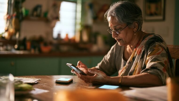 Woman at a kitchen table setting up a new smartphone beside her old one