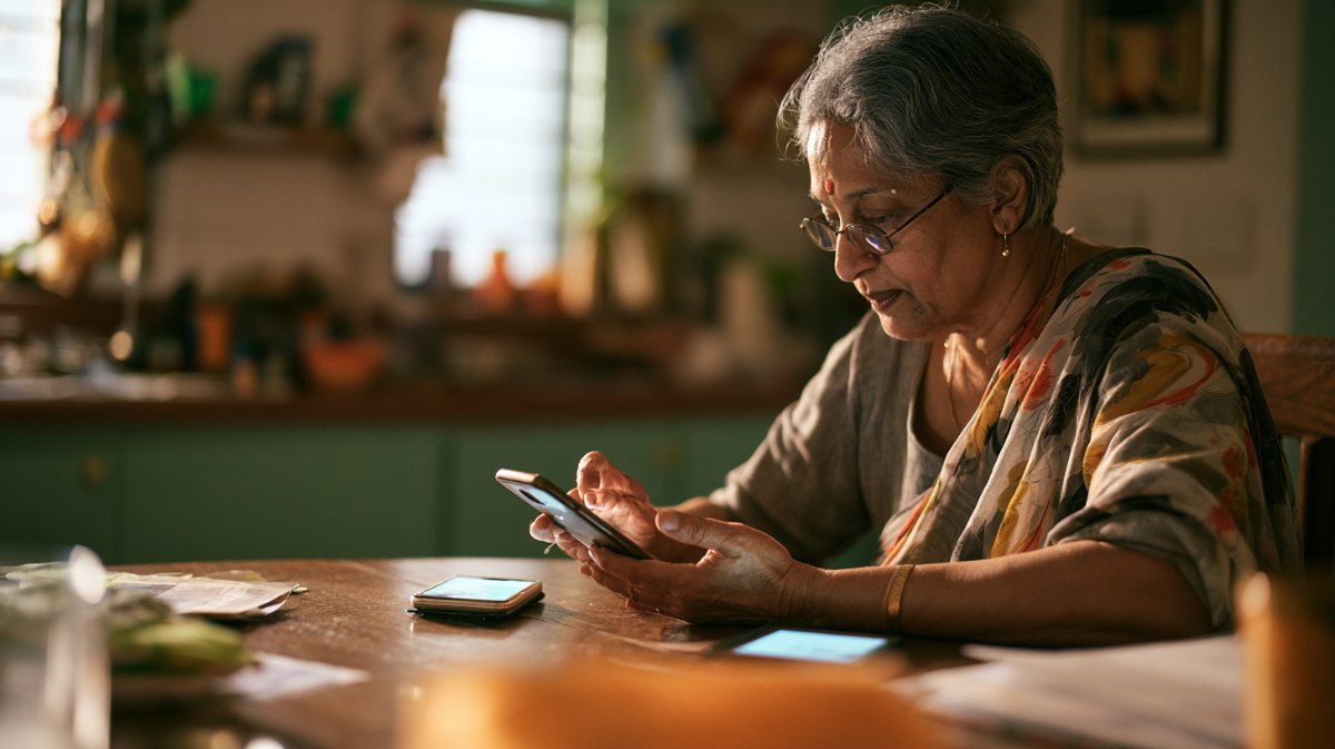 Woman at a kitchen table setting up a new smartphone beside her old one