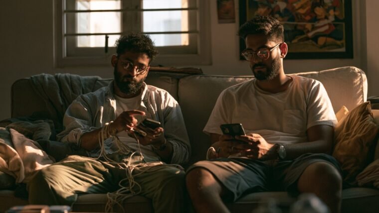 Two people transferring data between smartphones on a sofa
