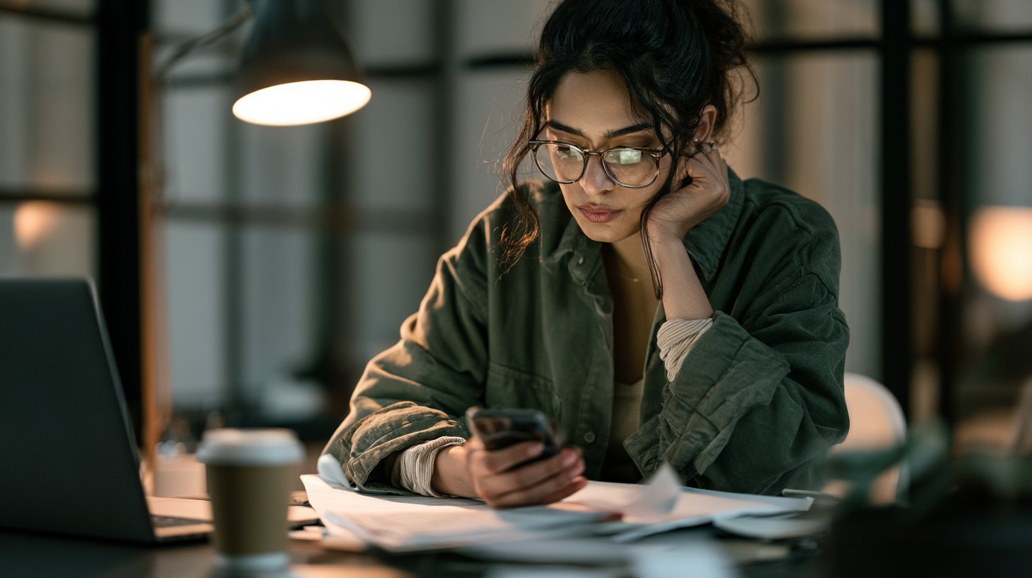 Young Indian professional reviewing monthly subscription payments on smartphone at her desk
