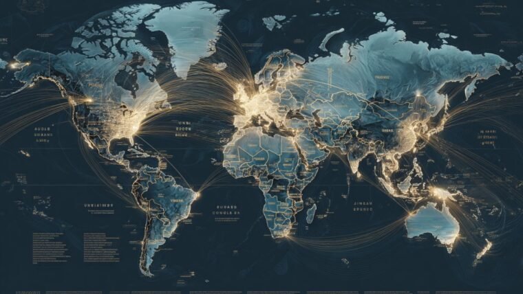 World map with golden connection arcs from India to countries accepting UPI payments