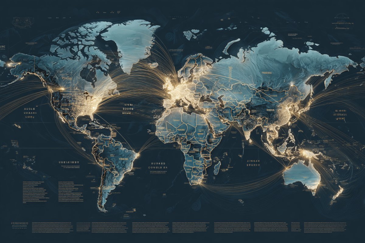 World map with golden connection arcs from India to countries accepting UPI payments